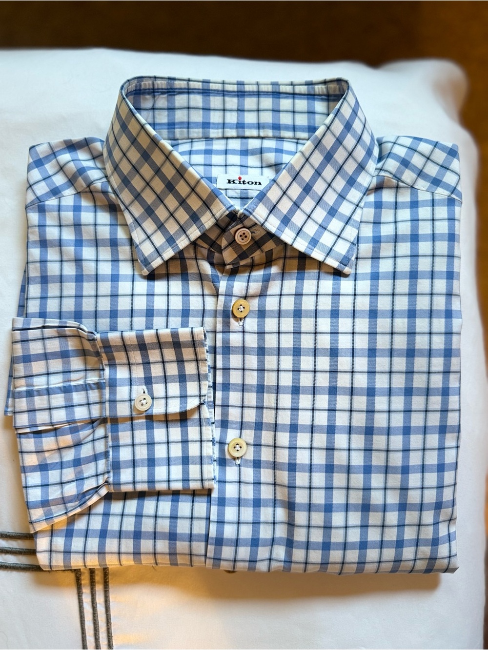 Kiton Blue and White Windowpane Check Dress Shirt